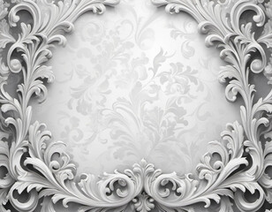 Frame in Roccoco Baroque style. Delicate gray grey white monochrome flowers, soft petals. Image captures the intricate details of blossoms, showcasing delicate beauty. Background with copy space. AI