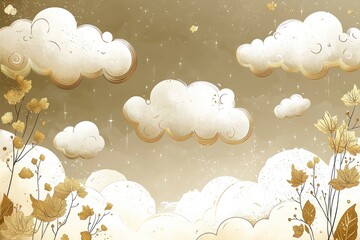 Golden Clouds and Floral Pattern on a Beige Background