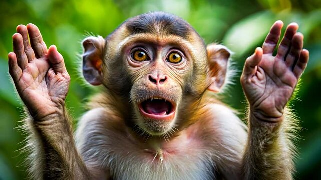 Curious Monkey with Raised Hands.
