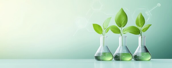 A serene image of laboratory flasks with green plants, symbolizing scientific research and environmental sustainability.