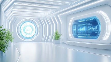 Futuristic interior featuring sleek lines, bright lighting, and modern technology displays in a minimalist environment.