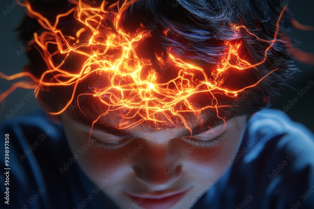 Poster close up of a young boy with fiery neural patterns representing intense concentration cognitive deve