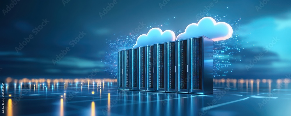 Aufkleber futuristic data center with cloud computing technology, showcasing servers and digital connectivity 