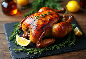 Perfectly roasted homemade chicken rotisserie with thyme and lemon on a slate board, warm light.







