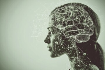 Profile of a woman with a glowing brain symbolizing the intricacies of the human mind cognitive processes and the delicate balance between intellect and emotion