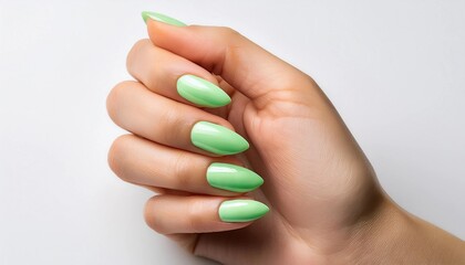 Elegant hand with glossy mint green nails contrasts against a stark white backdrop, highlighting the vibrant hue and smooth finish. The simple, clean design exudes a fresh, contemporary aesthetic.