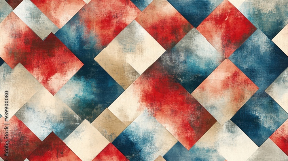 Poster A colorful abstract painting with red, blue, and white squares