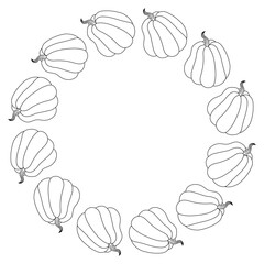 Round frame of unique outline pumpkins, isolated on a transparent background. Concept for autumn and Thanksgiving decorations. Perfect for kids coloring pages. Place for text. Vector illustration