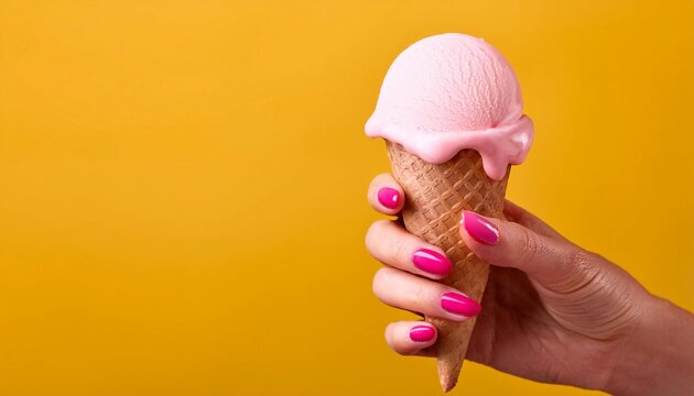 A hand with bright pink nails holding a soft pink ice cream cone against a vibrant yellow background. The contrasting colors create a playful and eye-catching summer aesthetic.