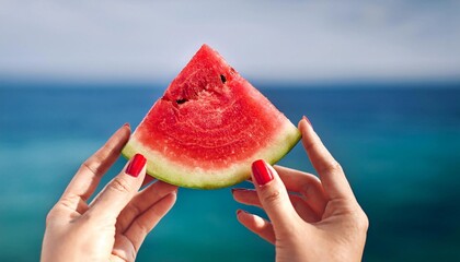 Red nails stand out against a juicy watermelon slice and the blue ocean behind. The contrast of colors captures the essence of summer, blending vibrancy with natural beauty.