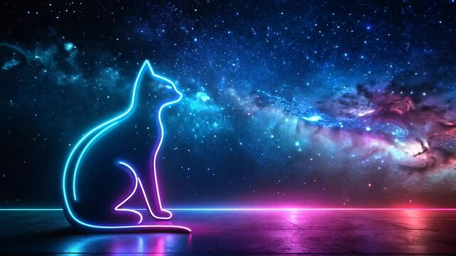 Neon Cat Silhouette Under Starry Night Sky.