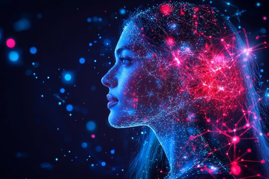 Portrait of a woman in a digital universe with glowing neural connections symbolizing the convergence of technology intellect and the limitless potential of the human mind
