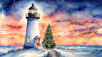 Lighthouse decorated for Christmas. Coastal holiday scene with a decorated lighthouse on the shoreline