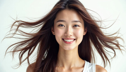 
A close-up portrait of a beautiful young Asian Korean woman shaking her hair in motion