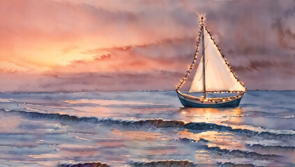 Sailboat decorated with string lights anchored near the shore at dusk. Scenic coastal landscape. Holiday celebration and maritime Christmas theme