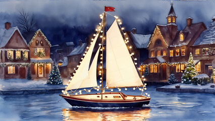 Sailboat decorated with Christmas lights sailing in the harbor by a festive village. Holiday-decorated houses and bridges in the background.