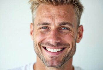 Fototapeta premium A handsome Scandinavian man with blonde hair and a confident smile showcases dental health against a clean background.