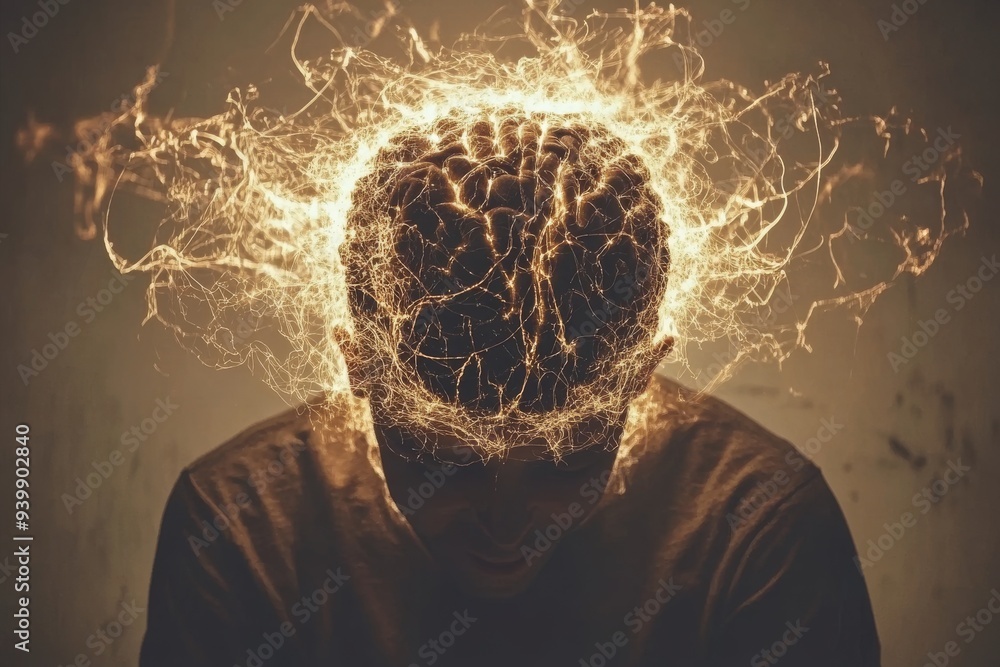 Poster a person with their head down illuminated by a bright neural network reflecting the intense struggle