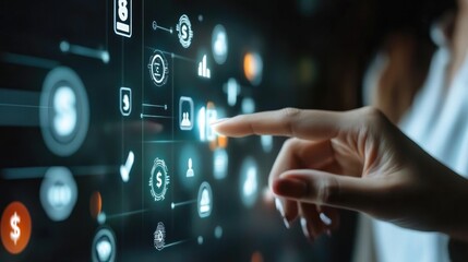 Fototapeta premium Businessperson touching virtual financial icons, concept of digital banking and finance