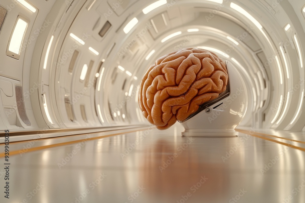 Poster a floating brain in a futuristic sterile environment representing advanced scientific research neuro