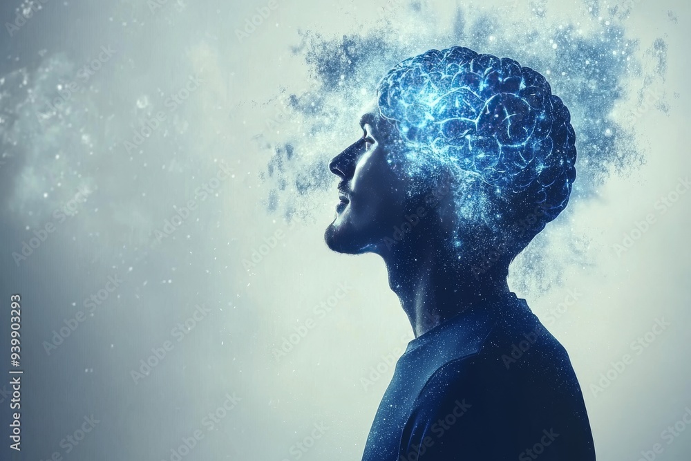 Poster a man with his head raised his brain dissolving into digital particles representing the fusion of hu