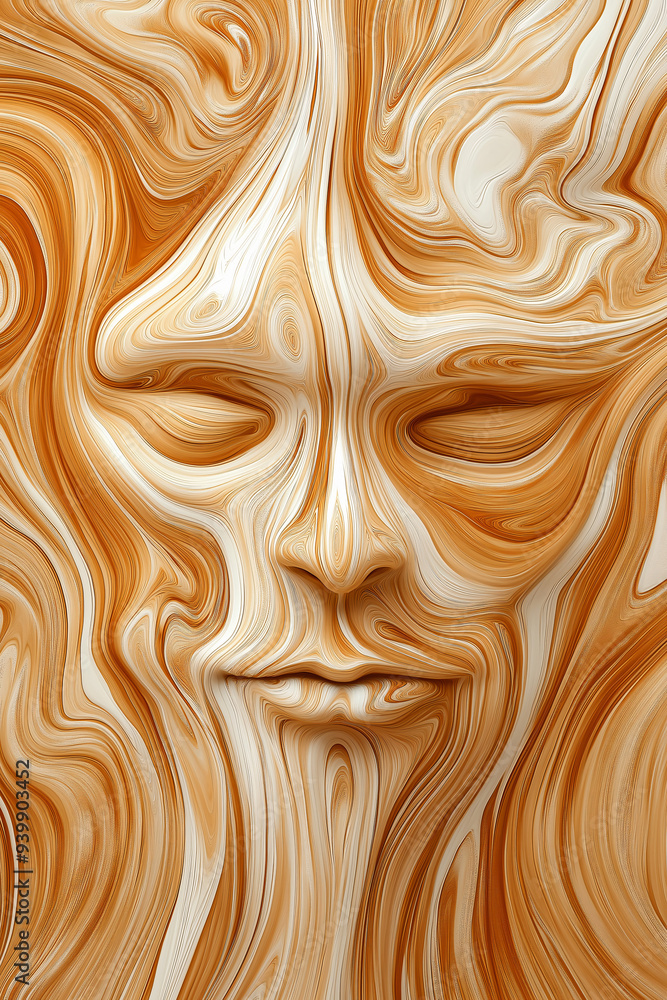 Poster a unique artistic representation features a face formed by dynamic swirling patterns in orange and w