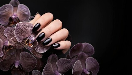 A hand with glossy black manicured nails rests delicately on dark purple orchids. Сontrast between the shiny nails and the textured petals creates a striking visual against the deep black background