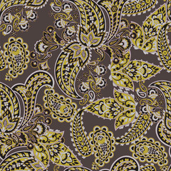 Colorful Paisley wallpaper. Vector Indonesian batik. Bright classic indian fabric. Paisley wallpaper. Ethnic background with paisley and stylized flowers. For textile, cover, wrapping paper, fabric