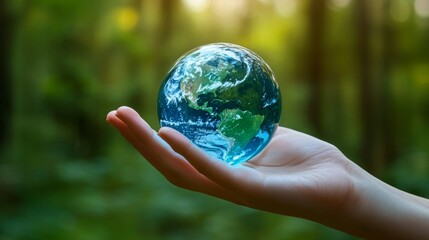 Earth Day or Arbor Day greeting card features a blue glass globe in a hand, symbolizing environmental protection and sustainability.