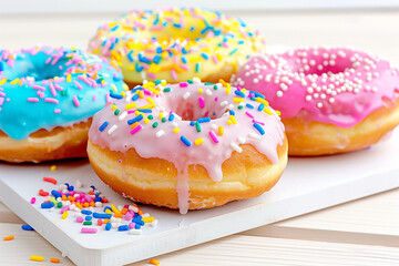 Colorful Donuts with Sprinkles on a Wooden Platter. Delightful Pink Blue and Yellow Frosted Desserts Topped with Rainbow Sprinkles Perfect for Sweet Treat Lovers