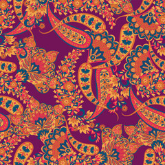 Floral paisley seamless pattern. Damask colorful vector textile background