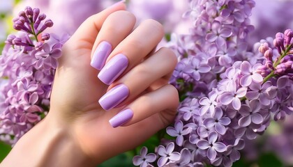 Fototapeta premium A hand with pastel lavender nails gently rests among blooming lilacs. The soft purple tones of the flowers complement the nails, creating a serene and harmonious natural composition.