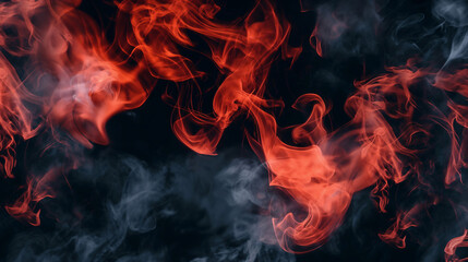Fototapeta premium Bright red and gray smoke intertwines against a dark background, showcasing a captivating display of swirling patterns and ethereal textures