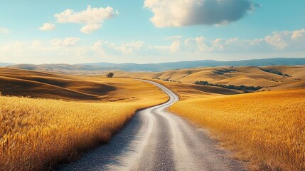 Idyllic countryside with a winding road through golden fields captured in ultra HD for peaceful wallpapers
