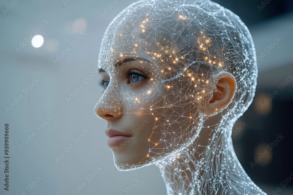 Poster a woman with a futuristic glowing neural interface symbolizing the advanced integration of technolog
