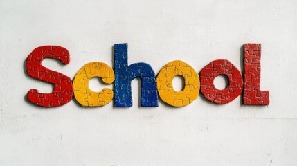 The word "School" spelled out using colorful puzzle pieces that fit together perfectly. Each letter is formed by multiple interlocking pieces, representing how different elements come together