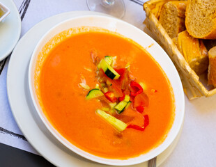 National Spanish tomato soup Gazpacho served with canape