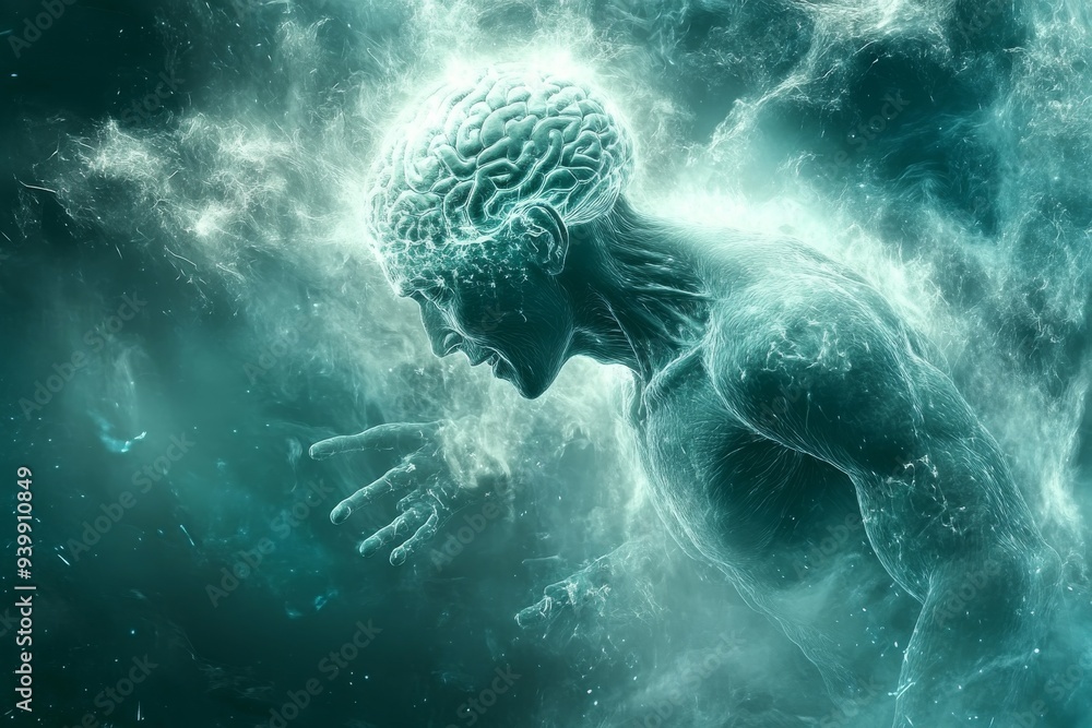 Poster a man’s face illuminated by a glowing neural network symbolizing the power of thought the complexity