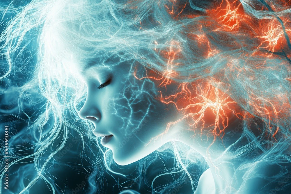 Poster a woman’s face intertwined with glowing neural waves symbolizing the fusion of thought and emotion t