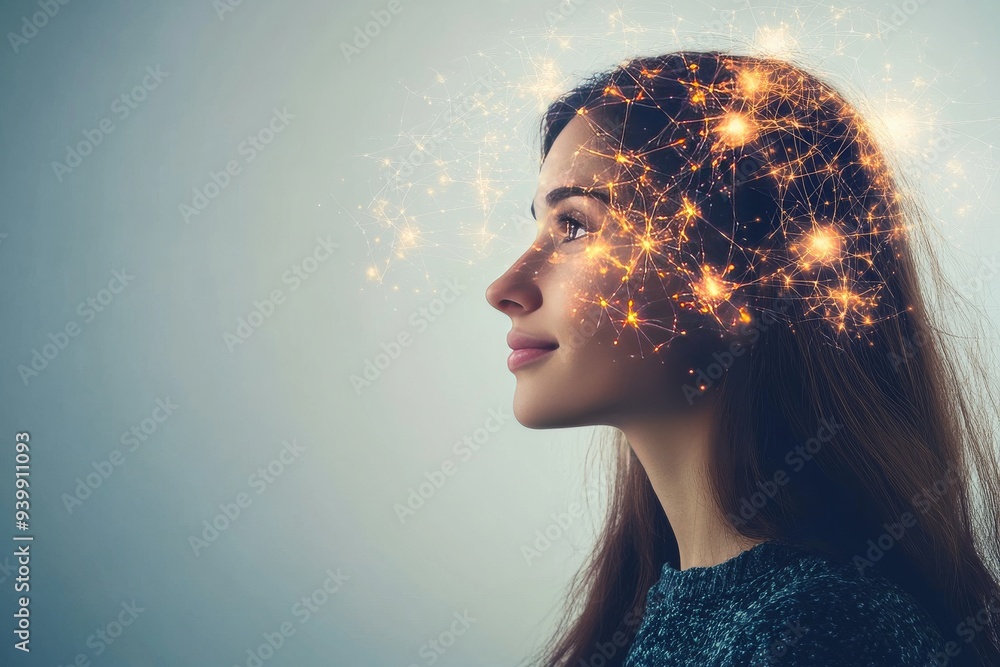 Poster a woman’s profile illuminated by glowing neural sparks symbolizing the connection between thought an