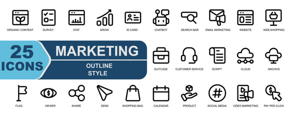 marketing icon collection.thick outline style.contains email marketing,digital marketing,layout,website,web shopping,online shopping,suitcase,customer service.