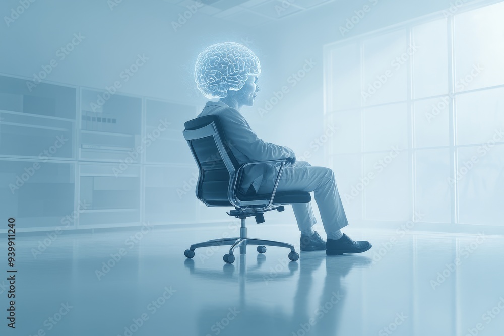 Poster person seated in a modern office chair with a glowing brain symbolizing the power of thought the eff