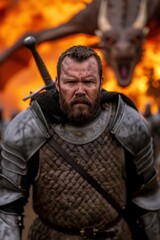 Obraz premium Fierce warrior with beard and armor in a fiery landscape