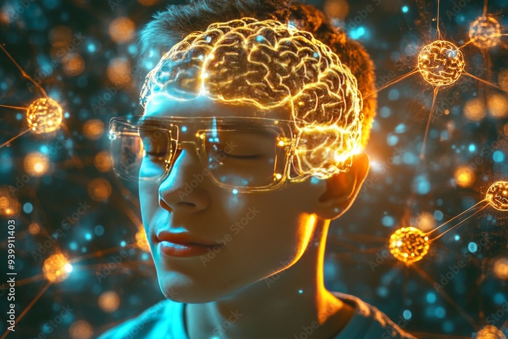 Poster a young man with glowing neural connections symbolizing the integration of technology intelligence a
