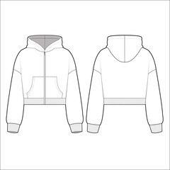 Crop Hoodie technical fashion illustration. hoodie vector template illustration. front and back view. Crop. drop shoulder. unisex. white colour. CAD mockup.
