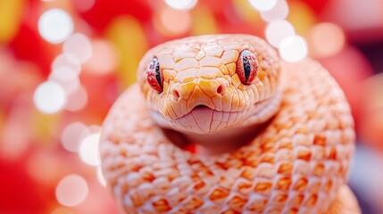 Obraz premium A vibrant and detailed image of a golden snake coiled gracefully around a traditional Chinese lantern symbolizing the Year of the Snake The snakes scales shimmer in the soft glow of the lantern reflec