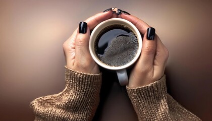 Hands with glossy black nails gently cradle a warm cup of coffee, contrasted by a cozy brown sweater. The dark tones and warm textures evoke a sense of comfort and relaxation.