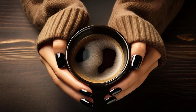 Hands with glossy black nails cradle a warm cup of coffee, accentuated by a cozy brown sweater. The dark tones and warm textures create a comforting and stylish visual experience.