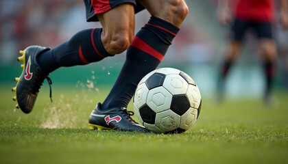 Obraz premium Close-up of a soccer player's boot striking a football, with detailed leg muscle and boot texture, against a blurred background.