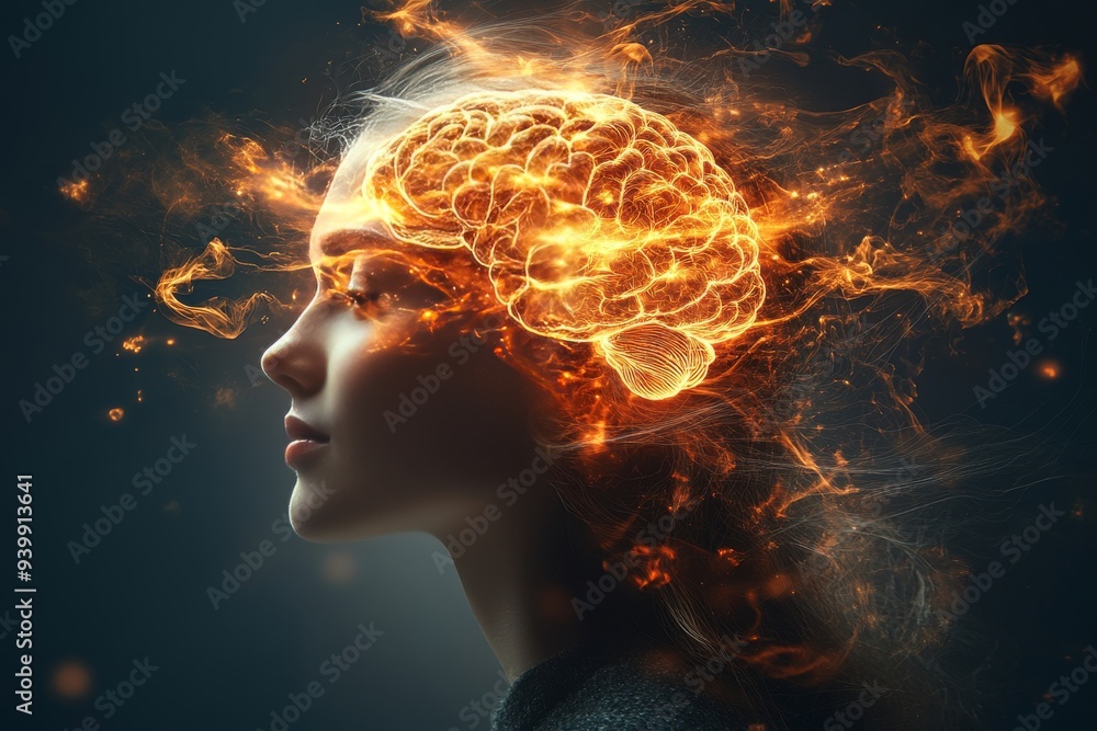 Poster a person with a glowing brain illuminated by neural lights symbolizing the power of thought the comp